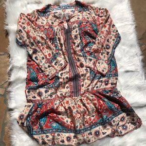 Johnny Was Midi Silk Long Sleeve Floral Dress